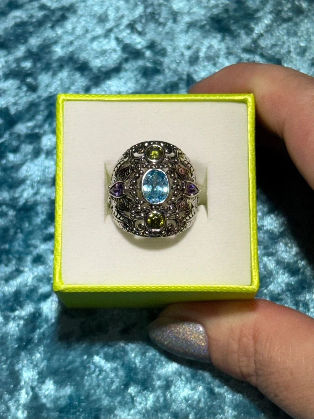 Sterling Silver CZ Blue Topaz Amethyst Peridot Butterfly Filigree Cocktail Ring